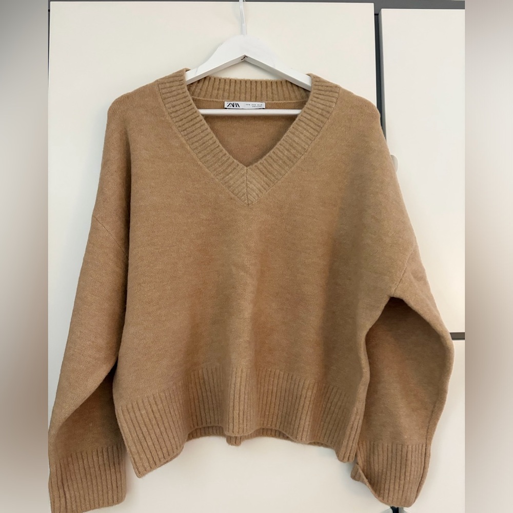 Zara Oversized V-Neck Sweater in Camel